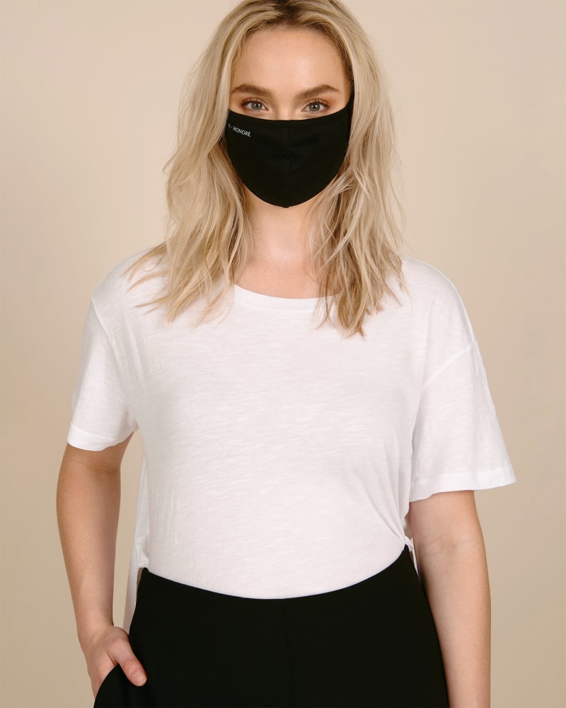 Front of a model wearing a size one-size-fits-all 11 Honoré Mask in Black by 11 Honoré Collection. | dia_product_style_image_id:227688